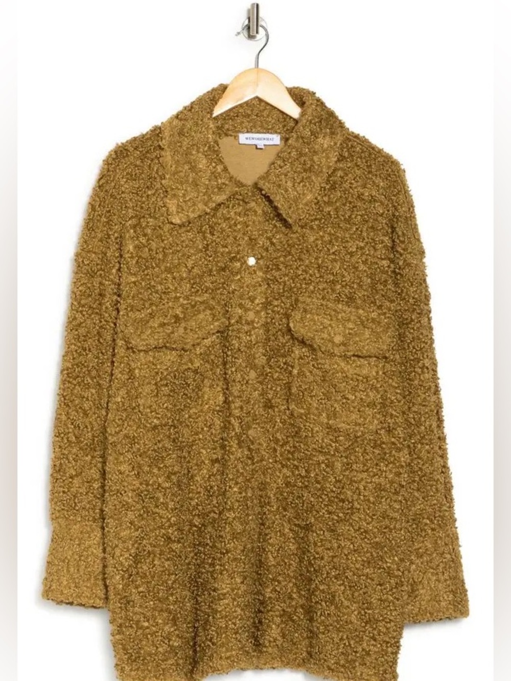 WEWOREWHAT Faux Teddy Fur Shacket Jacket in tan olive green size M/L